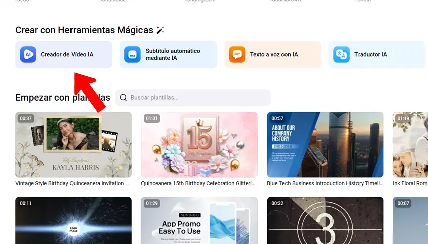Escoge la opción Creador de Video IA en FlexClip