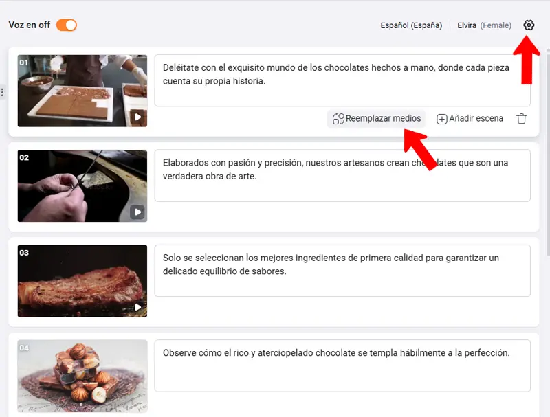 Puedes reemplazar las escenas en este panel de FlexClip