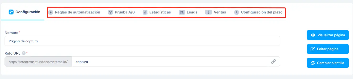 Configurar opciones de funel SystemeIO