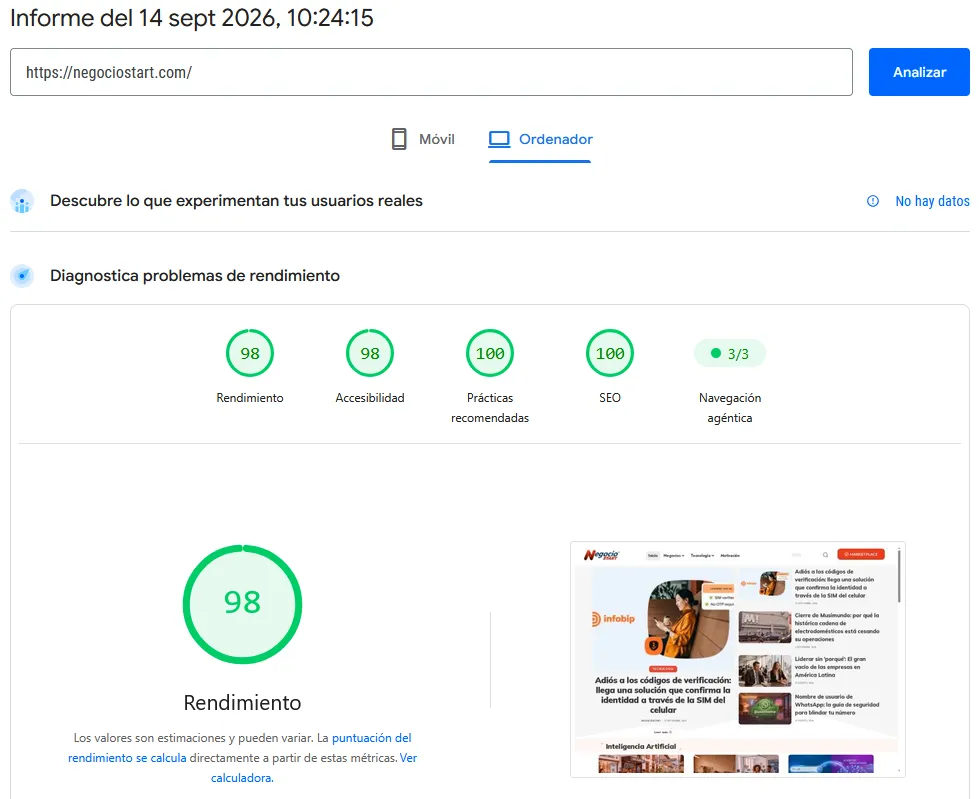 Google PageSpeed Insights - Cómo posicionarse en Google sin pagar. Diagnóstico realizado el 14 de septiembre de 2026